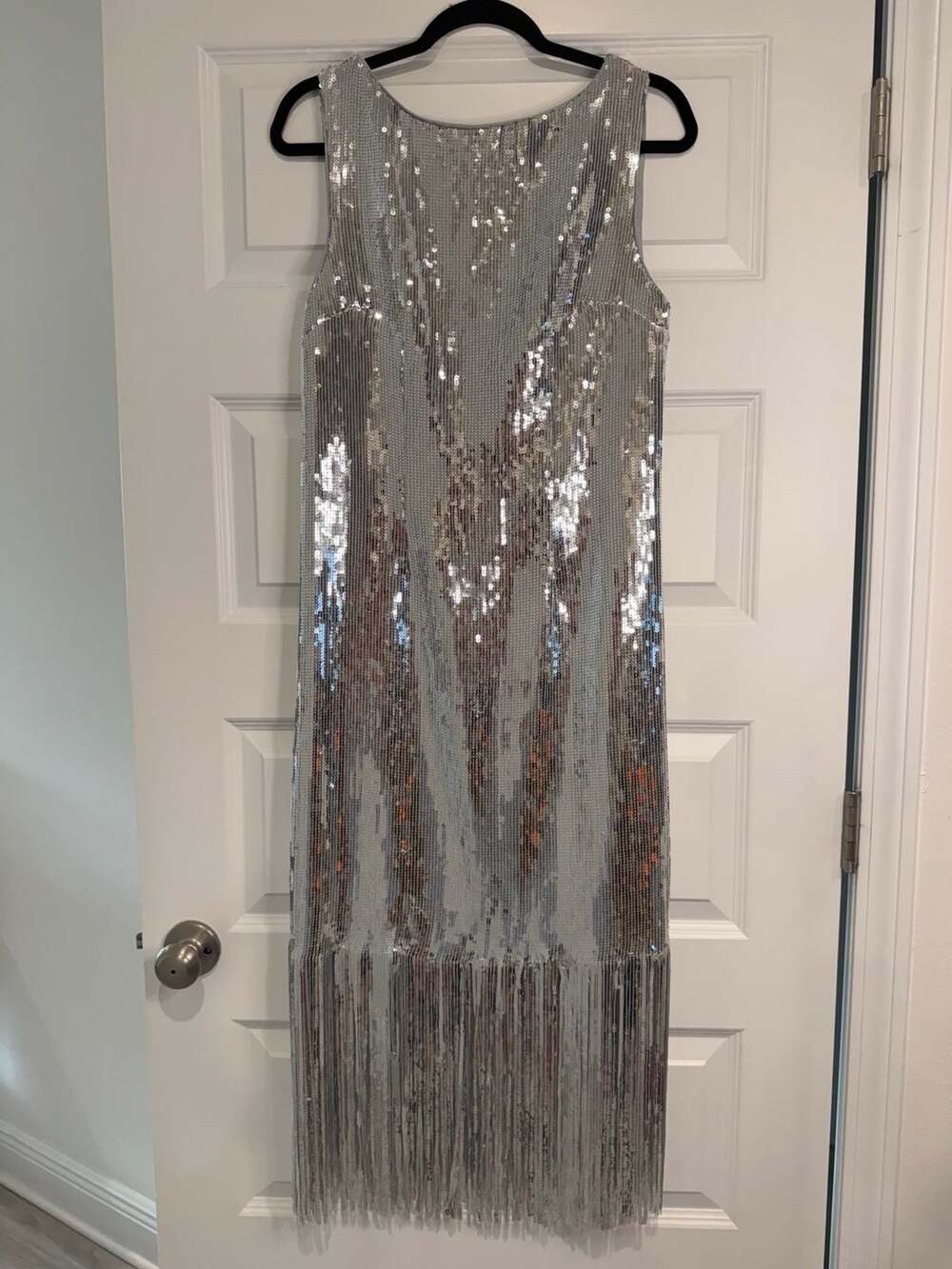 SZ 14 Nanette Lepore Silver Sequin Party Cocktail Dress with Fringe Hem